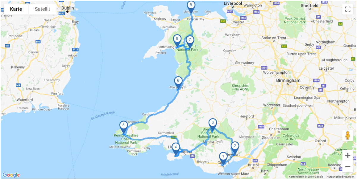 Map Rundreise Wales I